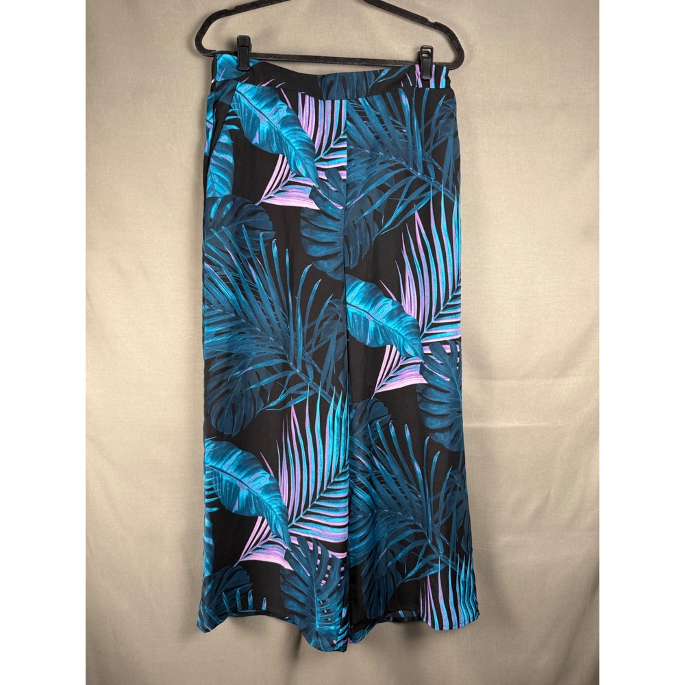 Worthington Tropical Palm Wide Leg Pants Womens Large Black Teal Purple NWT